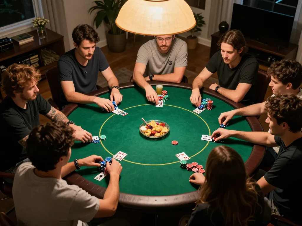 KQBD players engaging in a lively home poker night with colorful chips and snacks, capturing strategic gameplay moments.