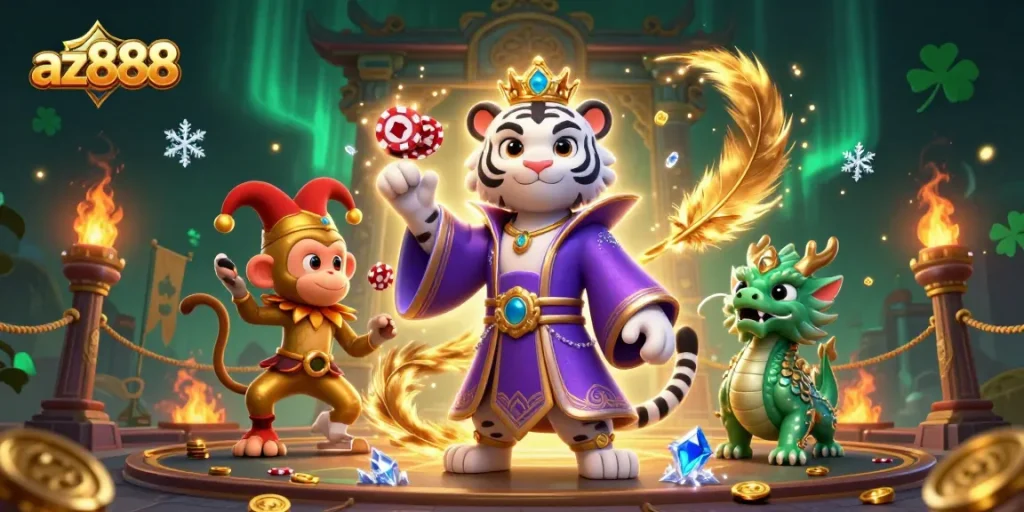 Experience az888 online casino with vibrant 3D characters and dynamic gaming elements in a lively scene.
