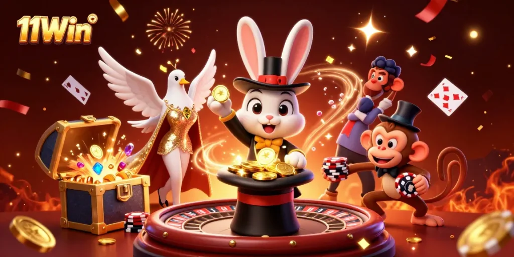 11Win magician rabbit pulls coins from a top hat in a vibrant casino scene with poker chips.