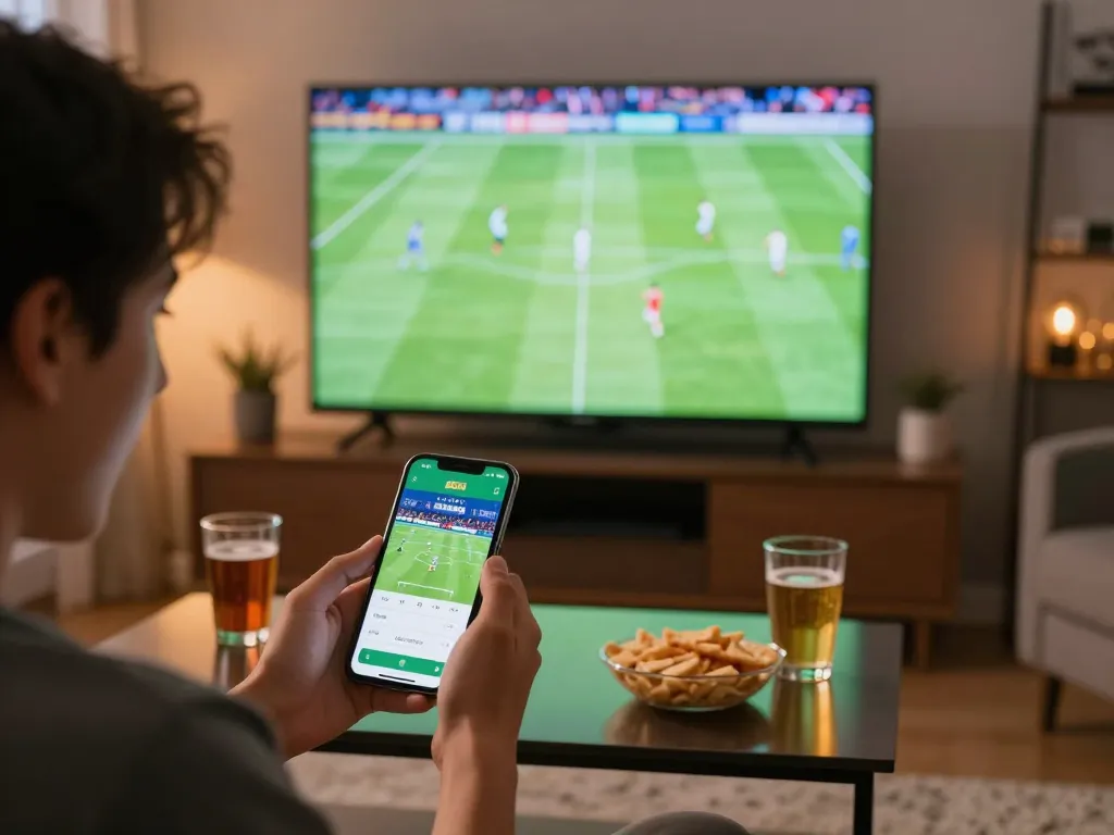 Socolive xem bóng đá while placing bets on a smartphone during live match viewing at home.