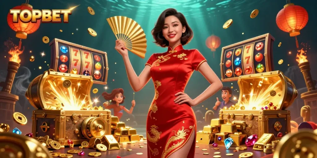 TOPBET showcases immersive casino excitement with a vibrant Asian woman in a luxurious setting.