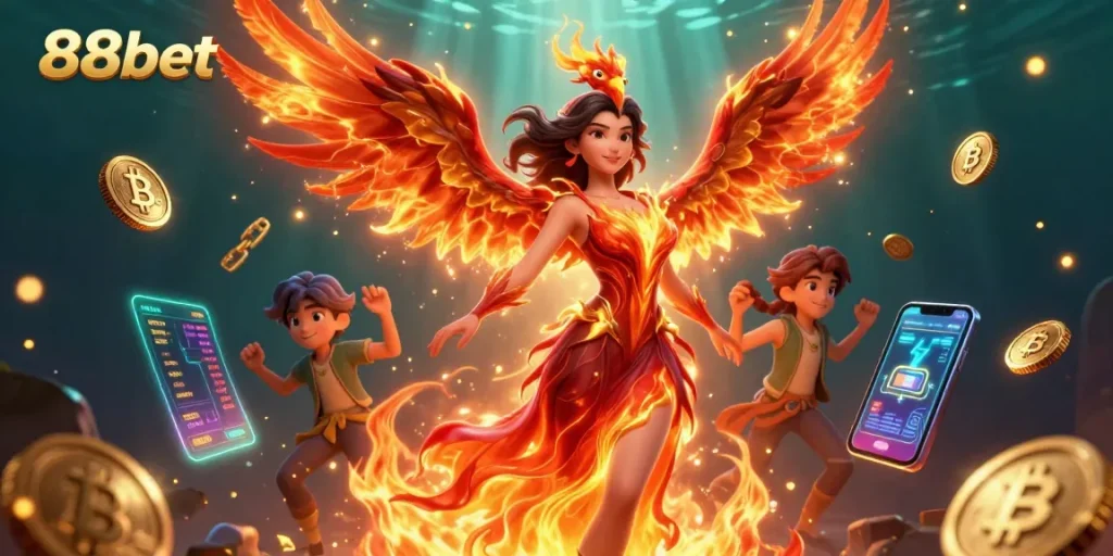 Experience the excitement of 88bet with dynamic casino gaming elements featuring a stunning Asian woman and a magical phoenix.