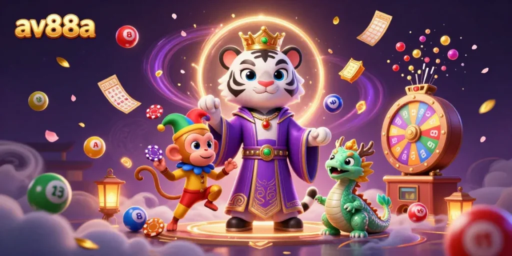 Engage with av88a in this vibrant casino scene filled with dynamic gaming elements.