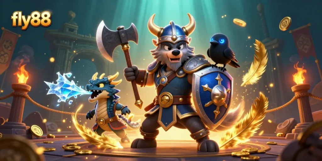Experience thrilling action with fly88 as the Viking warrior battles alongside a fierce dragon in a vibrant casino scene.