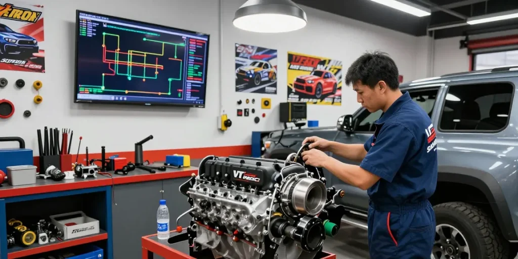 VT Racing Supercharger installation on a Toyota Tacoma in a bright garage setting.