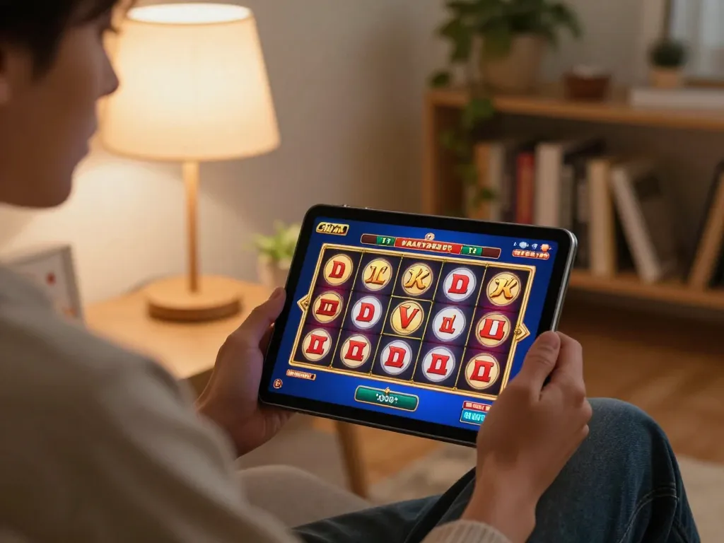 Engaged player enjoying lc88 best online casino slots at home, highlighting vibrant game interface while relaxing on the couch