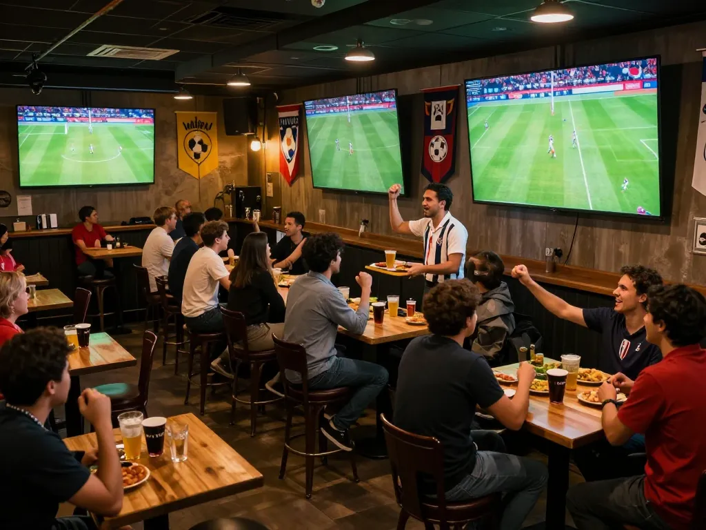 Socolive xem bóng đá as fans cheer during live matches in an energetic sports bar setting.