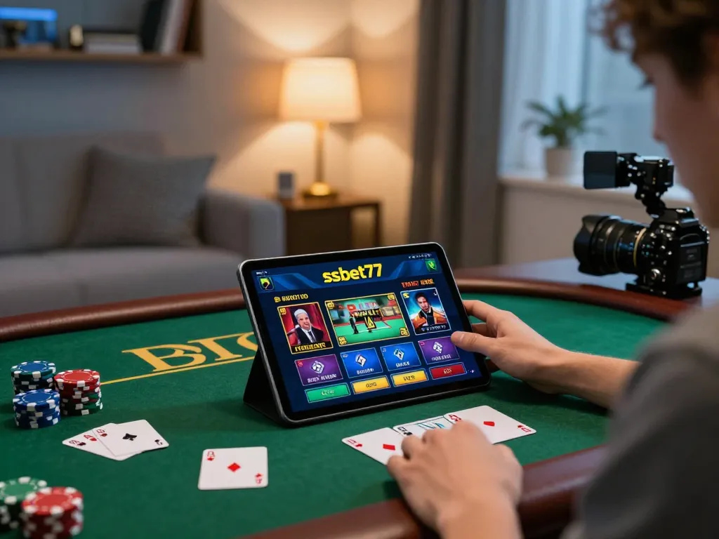 Player engaging with ssbet77 online platform on tablet in a cozy modern setting