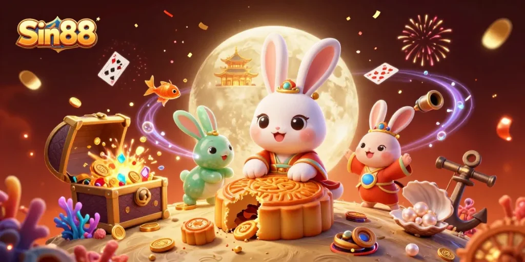 Experience the excitement of Sin88 with a dynamic 3D scene full of casino elements and vibrant characters.