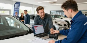 The best car history check UK reveals vital vehicle data during inspection at a dealership.