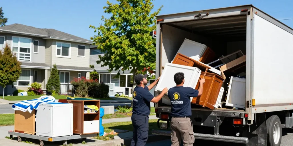 Efficient team handling target Junk Removal Vancouver, loading diverse junk into truck.