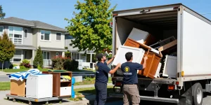 Efficient team handling target Junk Removal Vancouver, loading diverse junk into truck.
