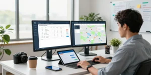 Service provider using technician dispatch software in an organized workspace, showcasing a modern office atmosphere.