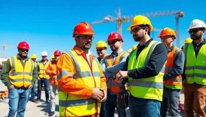 Engaged participants in construction safety training showcasing teamwork and protective gear.