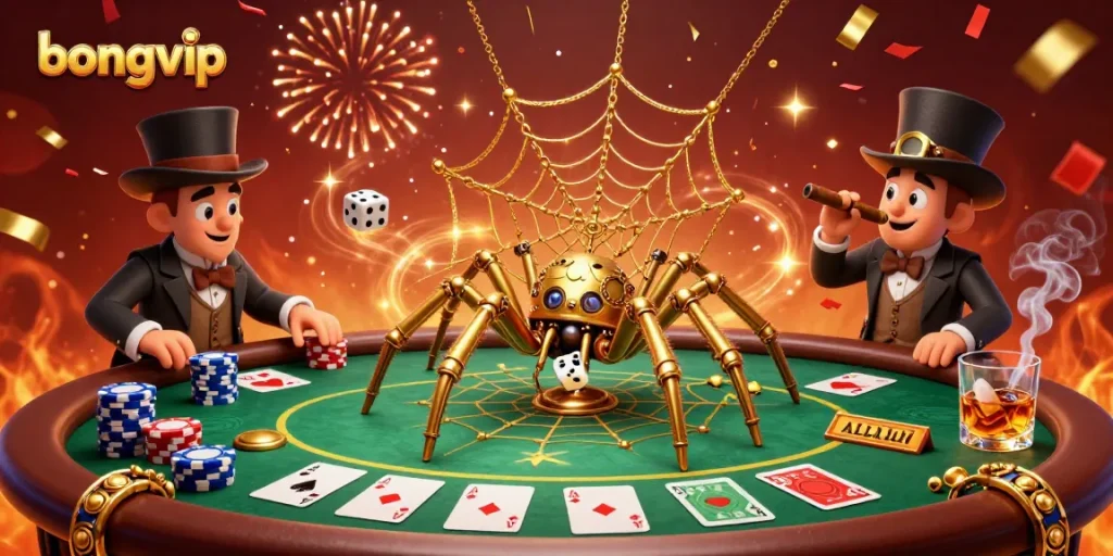 bongvip's 3D casino illustration showcases a golden spider and a Victorian fly character within an intricate poker scene.