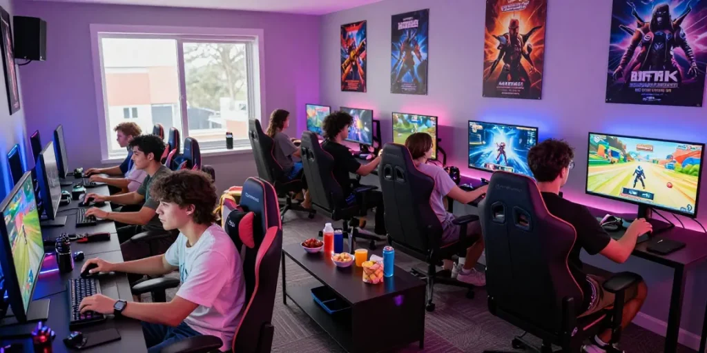 Engaging group enjoying nsfw games in a vibrant gaming lounge atmosphere