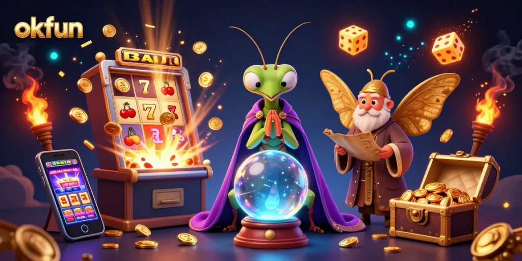 Experience thrilling wins at okfun with a vibrant, packed scene of a fantasy casino atmosphere.