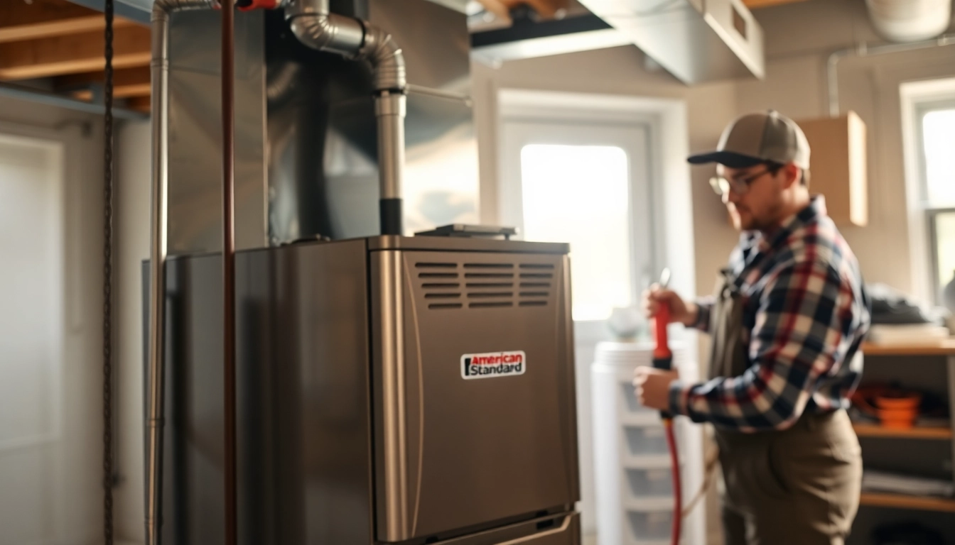 Installation of an American Standard furnace Canada showcasing a technician working diligently on a modern unit. related image