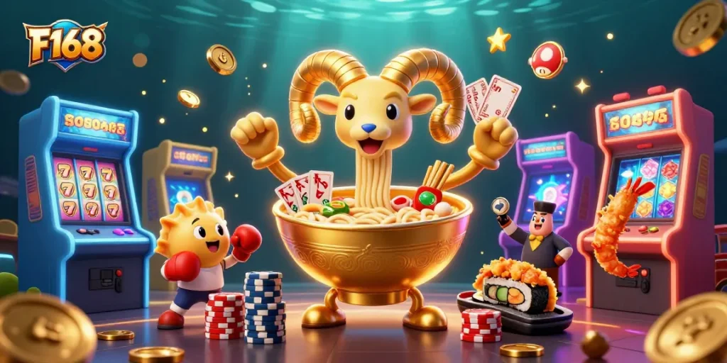 Experience F168's vibrant gaming scene with energetic characters and dynamic casino elements.