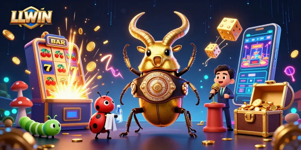 LLWIN engages players with a thrilling jackpot scene featuring a vibrant giant stag beetle and friends.