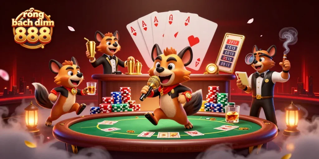 Experience the excitement of rồng bạch kim 888 at a vibrant casino scene with hyena characters engaging in lively activities.