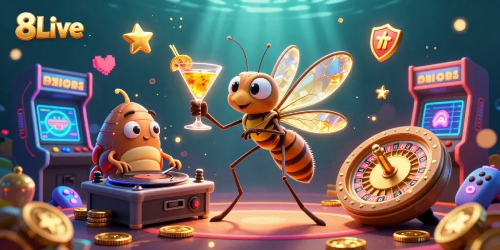 Engage in a vibrant gaming adventure featuring 8Live with a frozen mosquito, trilobite DJ, and sparkling casino elements.