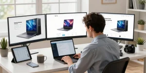 Professional workspace showing a user focused on a laptop with refurbished PC specifications and customer reviews, highlighting the tech retail experience.