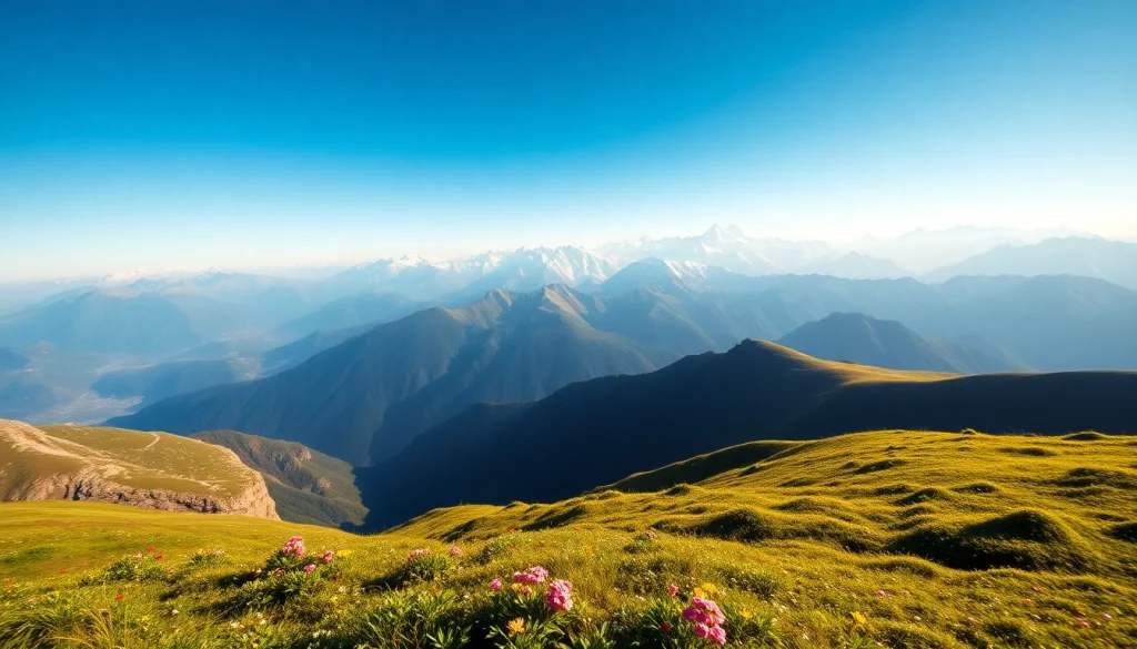 Stunning view from the Sandakphu trek showcasing snow-capped mountains and vibrant meadows.