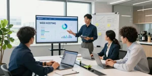 Collaborative team in a modern office discussing web hosting Australia solutions during a strategic meeting