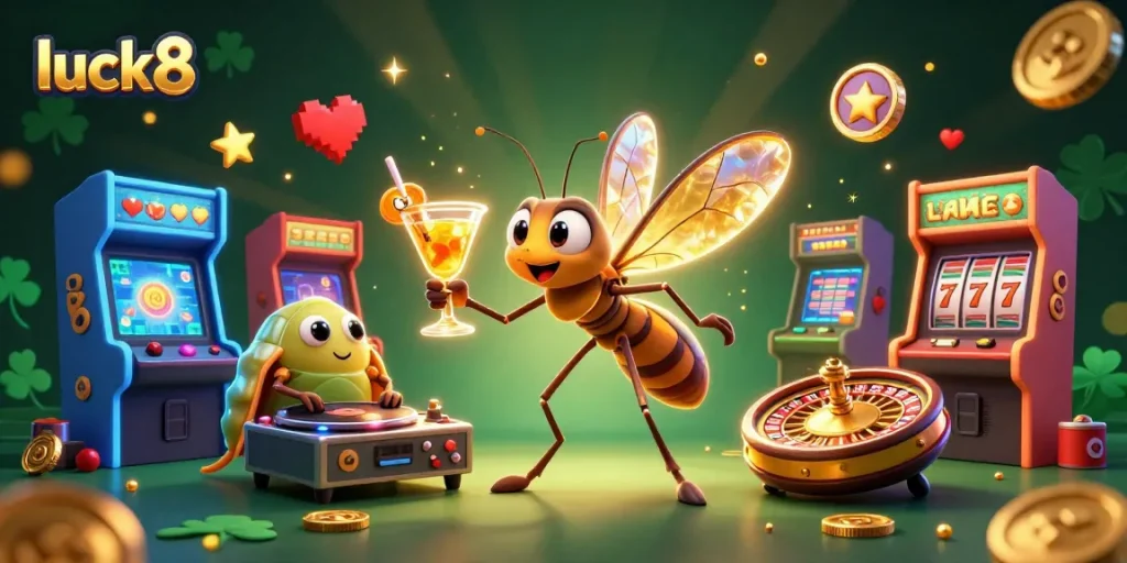 Experience high-stakes fun at luck8 with vibrant casino elements and animated characters.