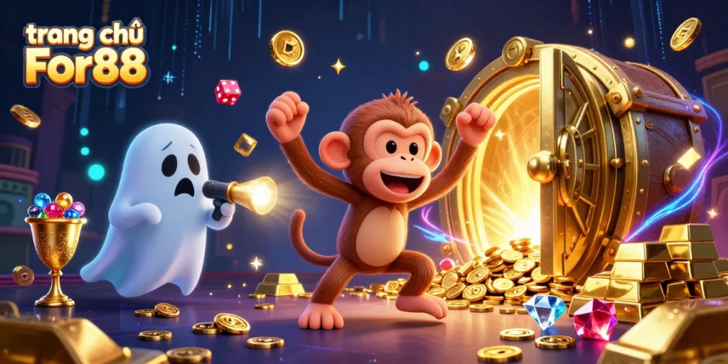 Engage with the exciting world of trang chủ For88 featuring a playful ghostly monkey and adventurous puppy in a dynamic casino scene.