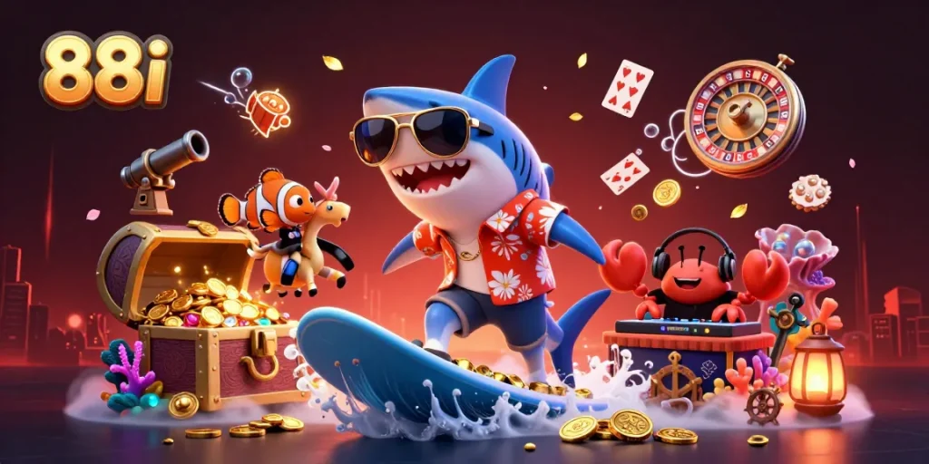 Engage with 88i in a vibrant underwater casino scene featuring cartoon characters and dynamic game elements.