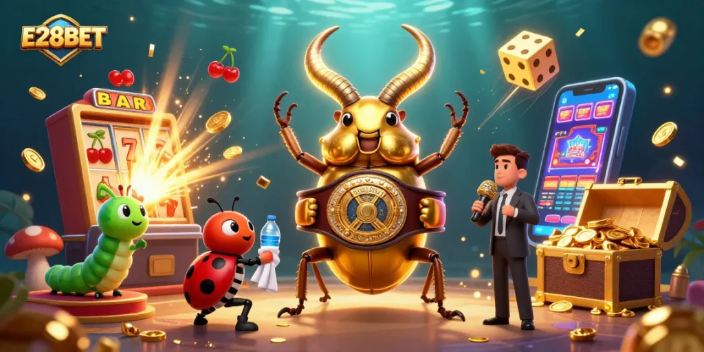 E28BET showcases a vibrant 3D casino scene with a golden stag beetle champion and dynamic gameplay elements.