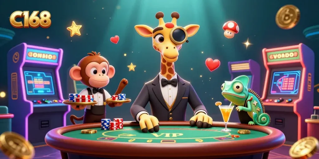 Engage in exhilarating gaming at C168 with vibrant illustrations of a high-roller giraffe and animated casino elements.