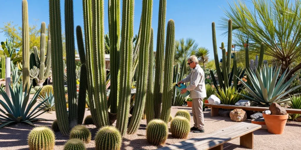 San Pedro Cactus garden scene with vibrant plants and a gardener watering cacti under clear blue skies.