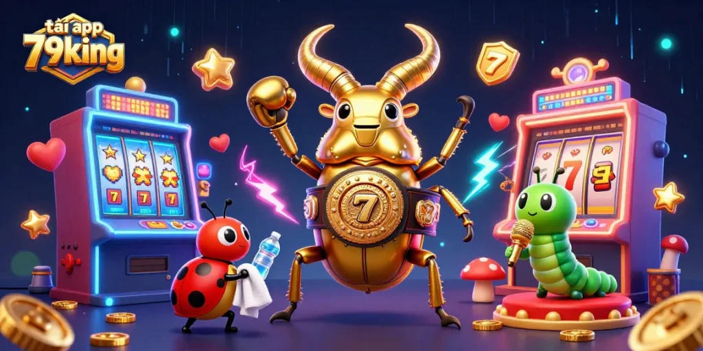 Engage with the vibrant world of tải app 79king, showcasing a golden stag beetle champion amidst animated 3D slot machines.