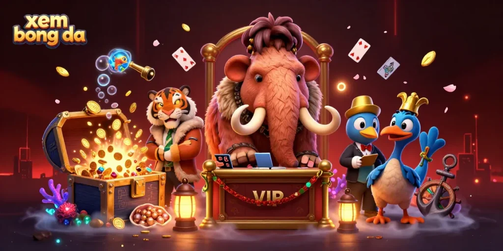 Experience xem bong da with a vibrant illustration of a mammoth bouncer, tiger VIP guest, and dodo doorman.