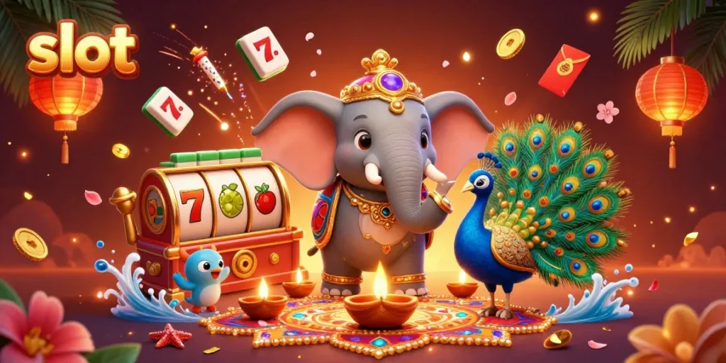 Spin slot reels with 3D cartoon elephants and vibrant casino elements showcasing exciting jackpots.