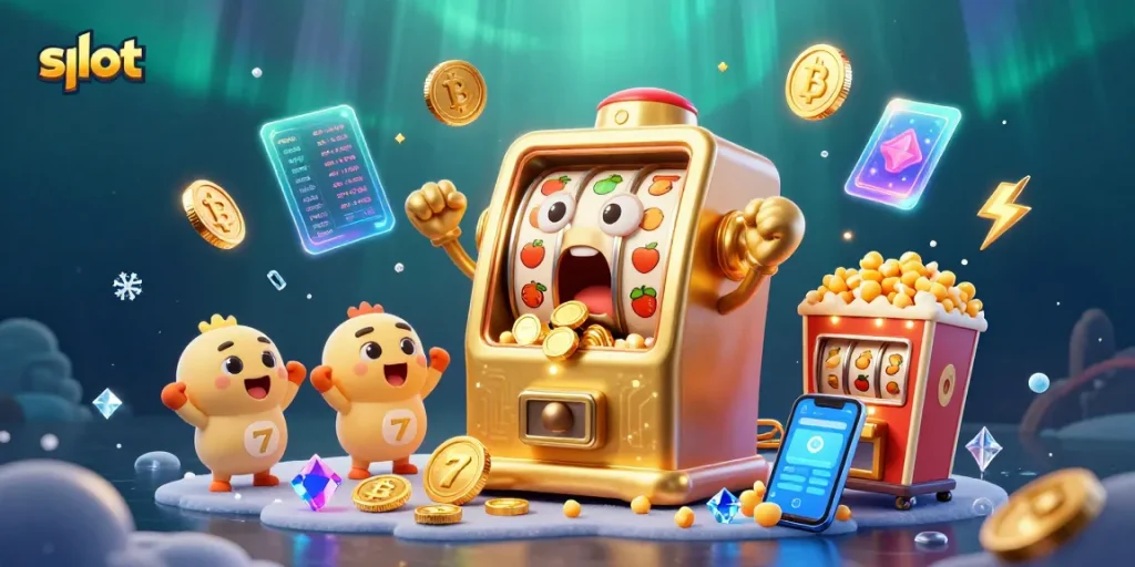 Experience the thrill of slot excitement with a golden slot machine hitting a jackpot amidst vibrant 3D elements.
