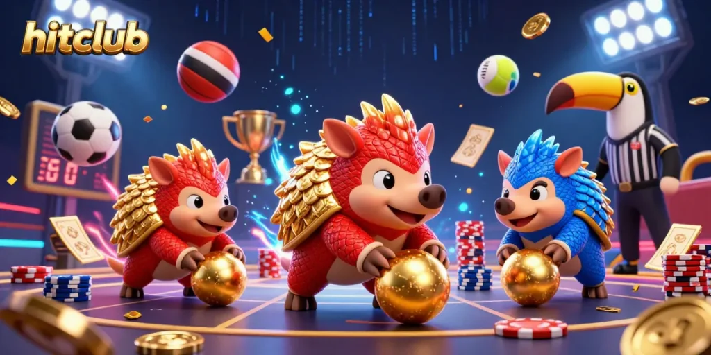 Engaging hitclub gaming scene with animated pangolins battling in a vibrant casino backdrop.
