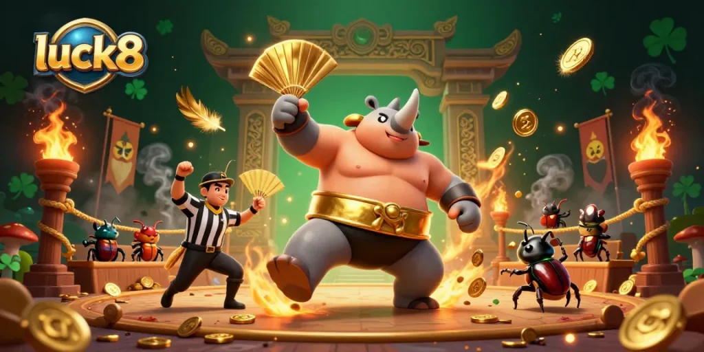 Engage with luck8’s thrilling experience featuring a dynamic rhinoceros beetle sumo fight amidst golden coins.