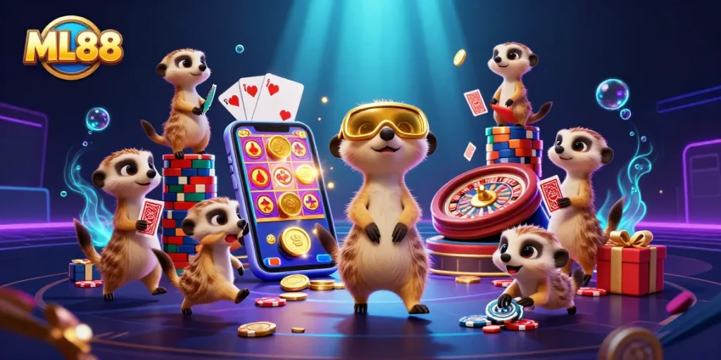 ML88 meerkats operating a vibrant casino with dynamic slot and card games.