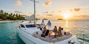 Yacht rental Punta Cana experience at sunset with friends on a luxurious private boat charter.