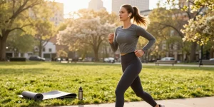 Woman in modest activewear jogging in a vibrant city park, showcasing stylish athletic gear.