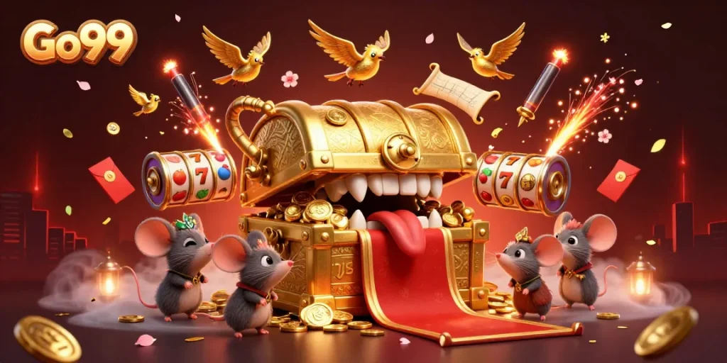Experience the excitement of Go99 with a vibrant digital illustration featuring a treasure chest and slot reels.