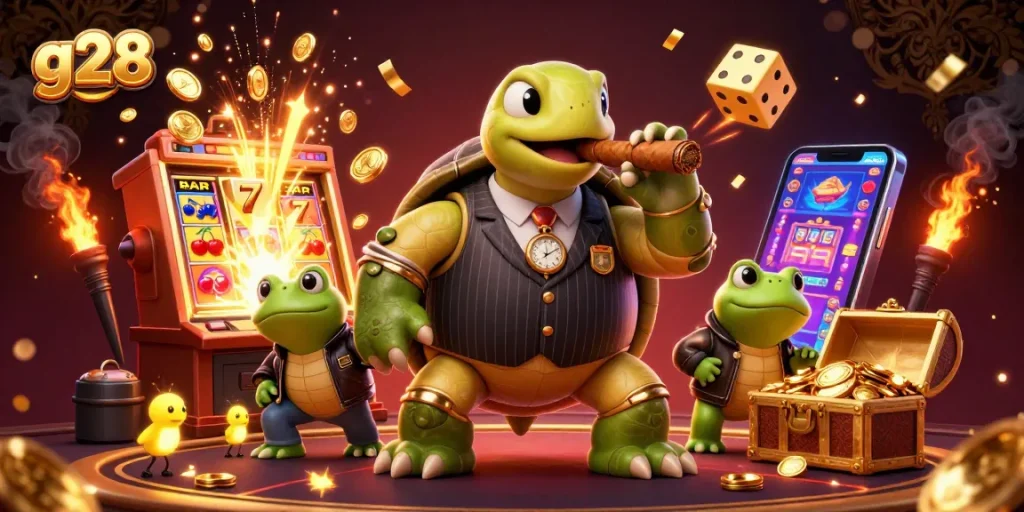 g28 highlights an engaging scene with a lively snapping turtle and bullfrog enforcers in a vibrant casino atmosphere.