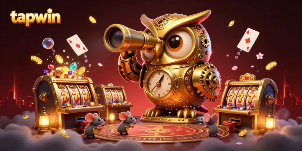 Experience the thrill of tapwin's casino scene filled with golden owls, slot machines, and vibrant betting action.