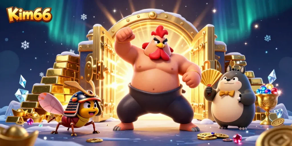 Experience thrilling gameplay at Kim66 with vibrant illustrations of fortune and action in online gaming.