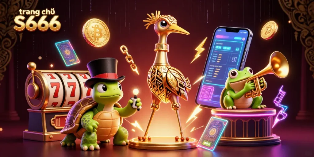Engage in exciting experiences at trang chủ S666 with vibrant casino-themed 3D art and crypto elements.