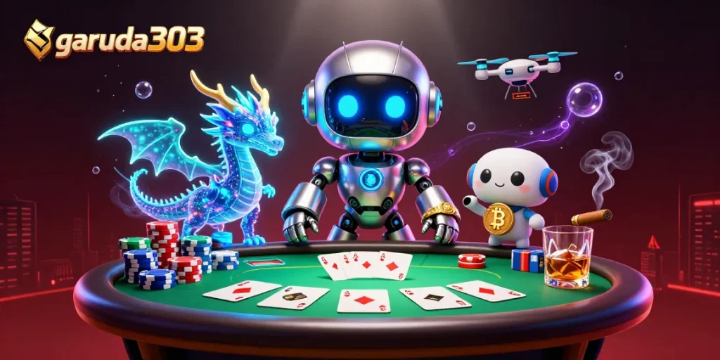 Engage with garuda303's vibrant casino scene featuring a cyberpunk robot and poker elements.